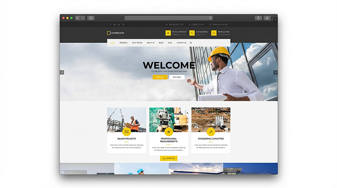 Página de inicio del tema WordPress Constructo con hero de excavadora