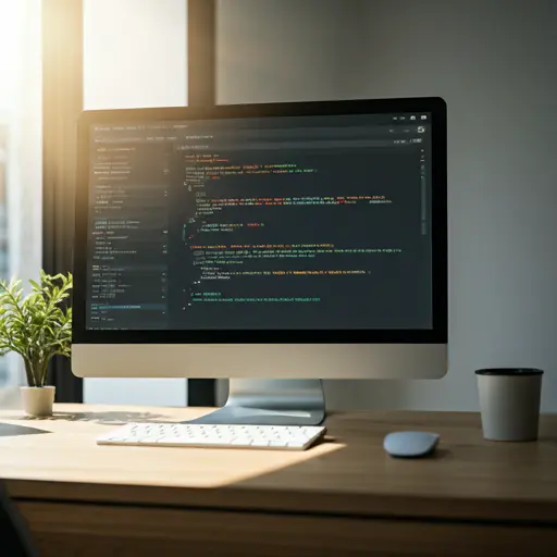 Modern minimalist workspace with a large monitor displaying complex code and analytics dashboard in a bright sunlit office