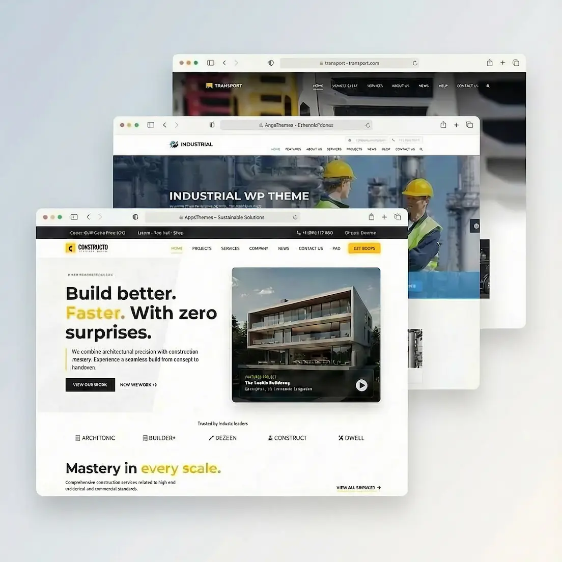 Managed WordPress websites preview with layered business theme designs.