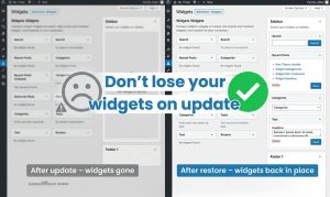 Before and after comparison of a WordPress widgets screen, showing how backing up widgets can restore the layout after an update.