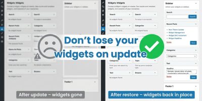 Before and after comparison of a WordPress widgets screen, showing how backing up widgets can restore the layout after an update.