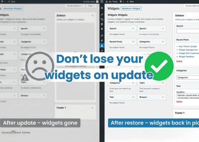 Before and after comparison of a WordPress widgets screen, showing how backing up widgets can restore the layout after an update.