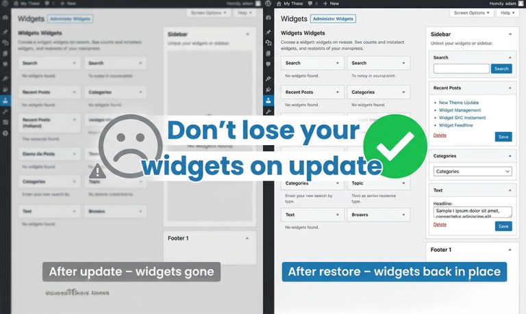 Before and after comparison of a WordPress widgets screen, showing how backing up widgets can restore the layout after an update.