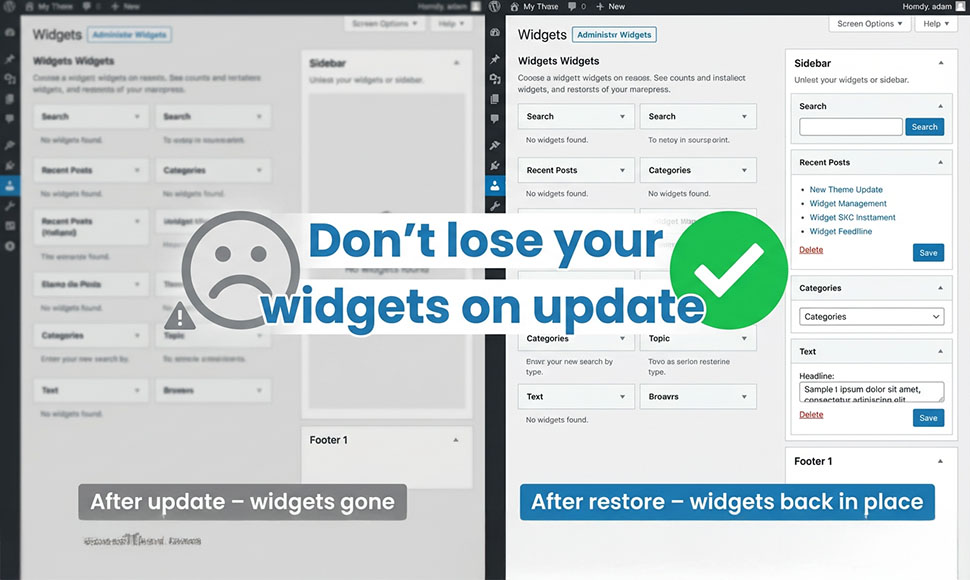 Before and after comparison of a WordPress widgets screen, showing how backing up widgets can restore the layout after an update.