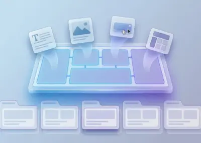 Illustration of a custom Elementor widget interface with flexible drag-and-drop content areas and repeated layout blocks.