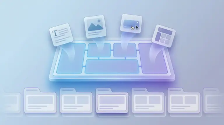 Illustration of a custom Elementor widget interface with flexible drag-and-drop content areas and repeated layout blocks.