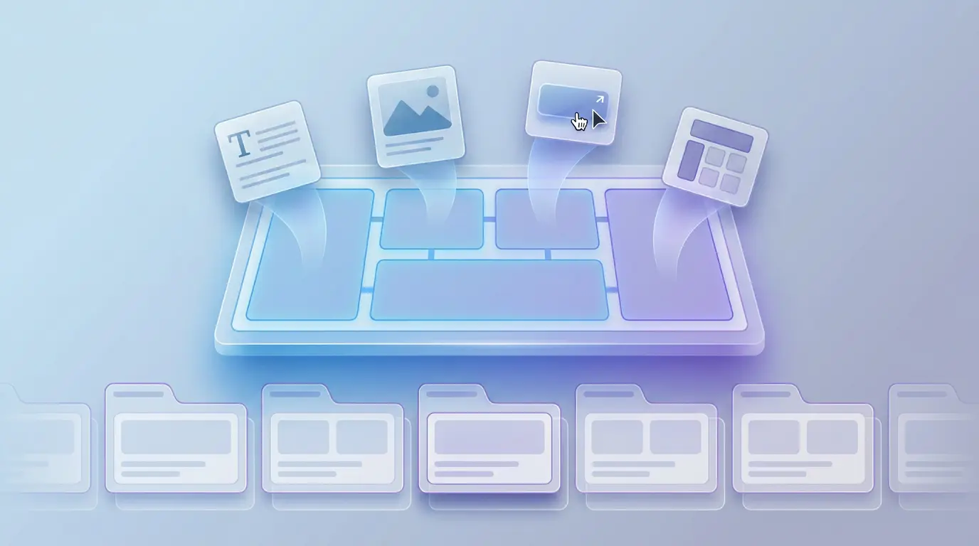 Illustration of a custom Elementor widget interface with flexible drag-and-drop content areas and repeated layout blocks.