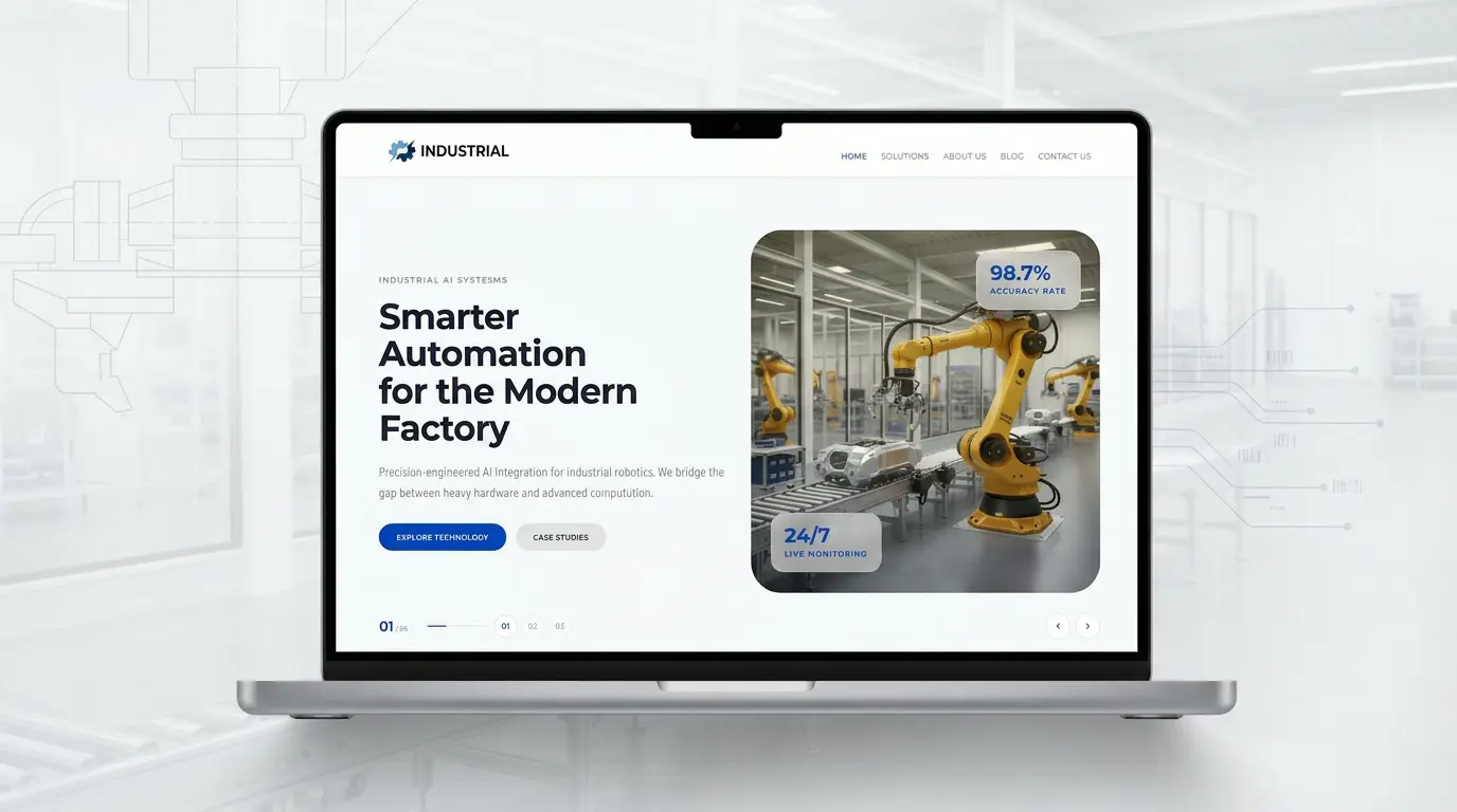 Modern industrial WordPress theme demo for automation, robotics, smart factory, and advanced manufacturing websites