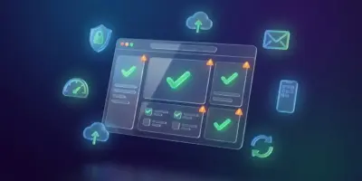 3D illustration of a website maintenance interface with warning icons, checkmarks, backups, speed, security, and update elements.