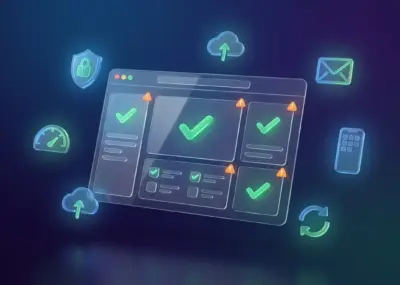 3D illustration of a website maintenance interface with warning icons, checkmarks, backups, speed, security, and update elements.