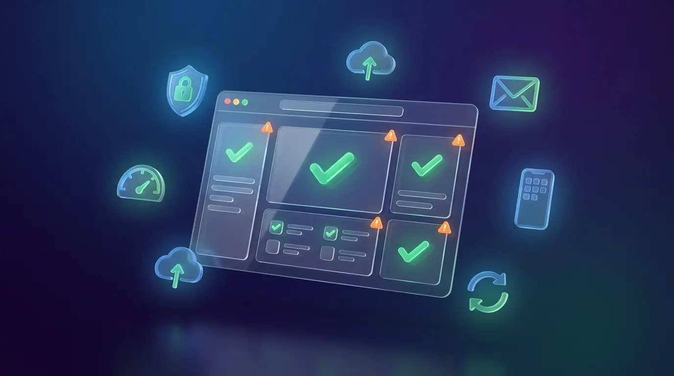 3D illustration of a website maintenance interface with warning icons, checkmarks, backups, speed, security, and update elements.