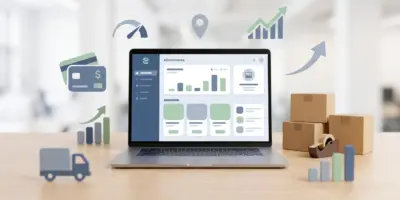 WooCommerce store setup with shipping, payments, performance, and growth icons around an eCommerce dashboard.