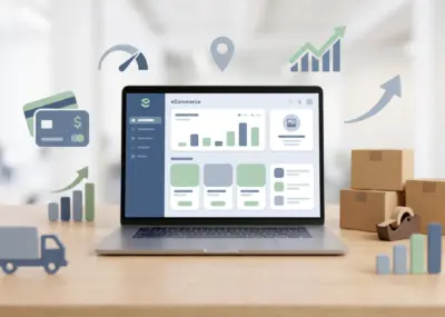 WooCommerce store setup with shipping, payments, performance, and growth icons around an eCommerce dashboard.