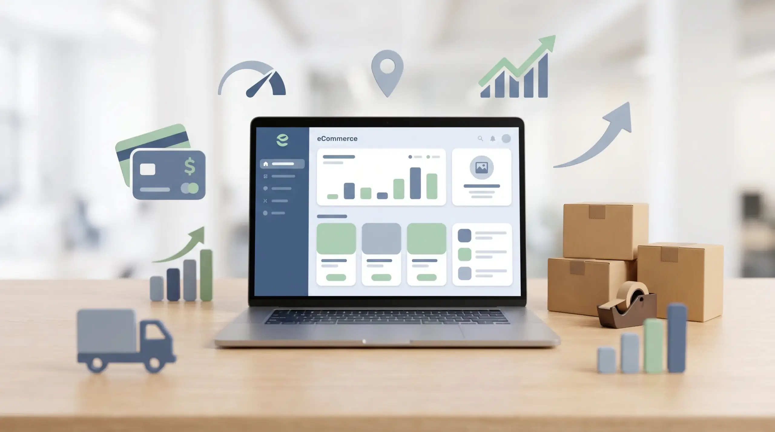 WooCommerce store setup with shipping, payments, performance, and growth icons around an eCommerce dashboard.