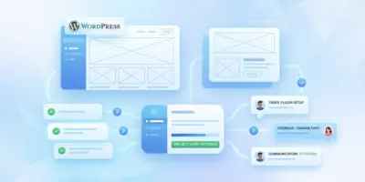 Bright illustration showing a WordPress project brief with website wireframes, checklist items, feedback notes, and communication tasks.