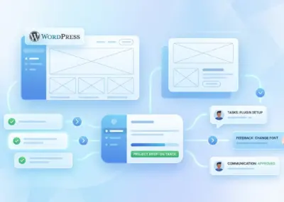 Bright illustration showing a WordPress project brief with website wireframes, checklist items, feedback notes, and communication tasks.