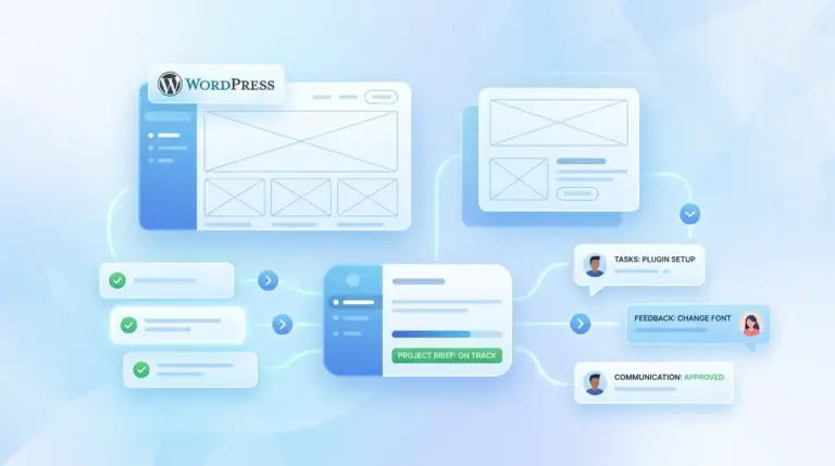 Bright illustration showing a WordPress project brief with website wireframes, checklist items, feedback notes, and communication tasks.
