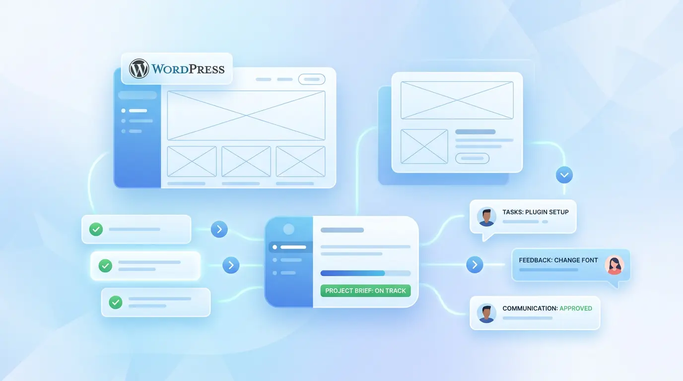Bright illustration showing a WordPress project brief with website wireframes, checklist items, feedback notes, and communication tasks.