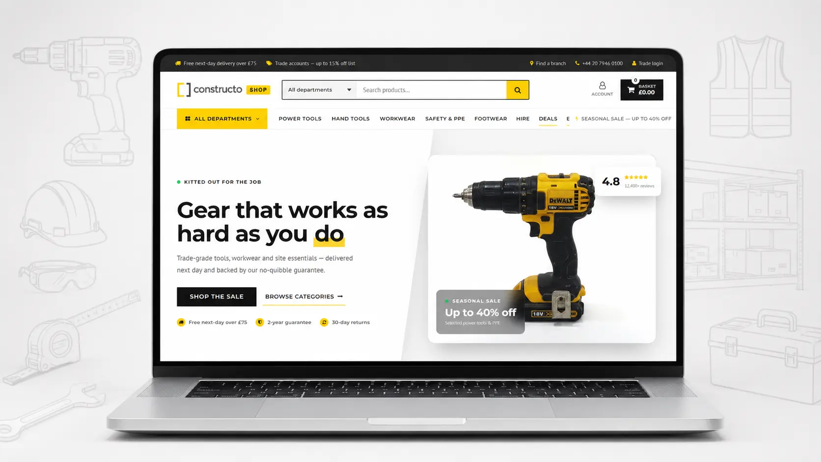 Constructo Shop WooCommerce demo for tools, workwear and construction supplies