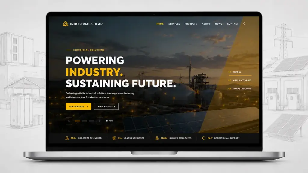 Industrial Demo 12 solar WordPress theme displayed on a laptop