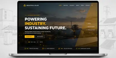 Industrial Demo 12 solar WordPress theme displayed on a laptop