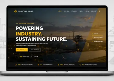 Industrial Demo 12 solar WordPress theme displayed on a laptop