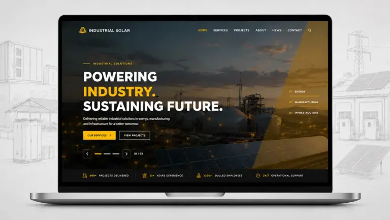 Industrial Demo 12 solar WordPress theme displayed on a laptop