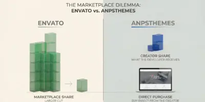 Envato and AnpsThemes comparison showing the larger marketplace share and the smaller amount received by the theme developer.