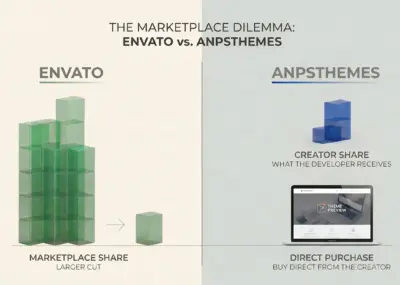 Envato and AnpsThemes comparison showing the larger marketplace share and the smaller amount received by the theme developer.