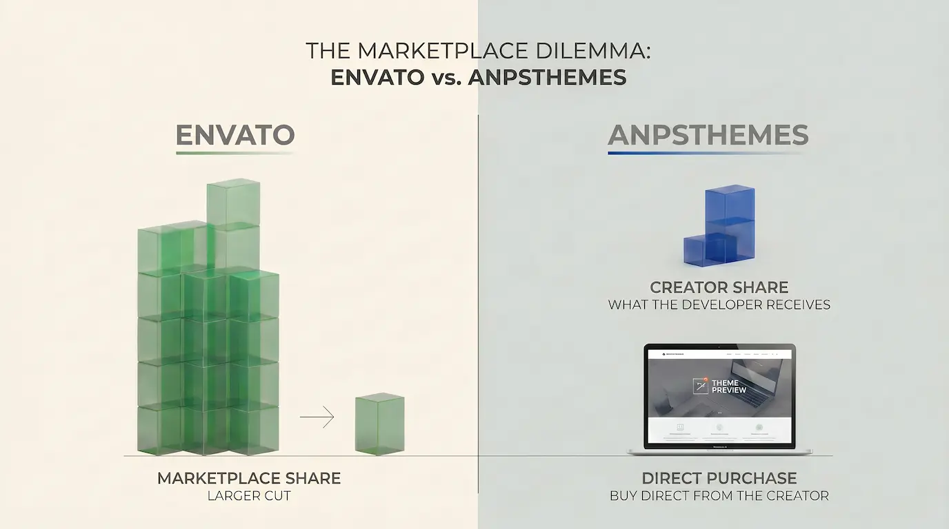 Envato and AnpsThemes comparison showing the larger marketplace share and the smaller amount received by the theme developer.