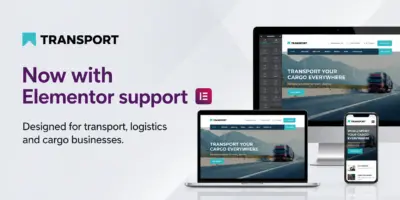 Transport WordPress Theme with Elementor support displayed on desktop, laptop and mobile devices