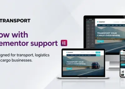 Transport WordPress Theme with Elementor support displayed on desktop, laptop and mobile devices