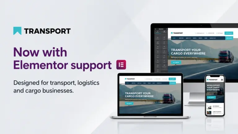 Transport WordPress Theme with Elementor support displayed on desktop, laptop and mobile devices